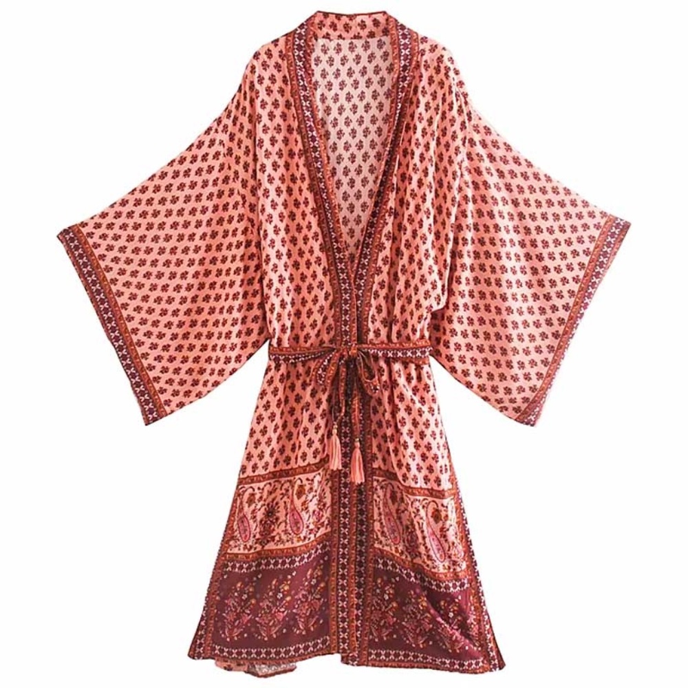 Red boho  Floral print Kimono Beach Cover Belted - Picture 14 of 14